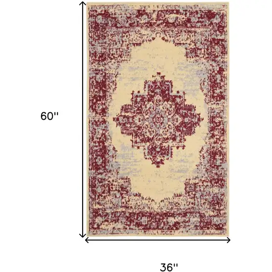 Cream Gray and Red Medallion Distressed Non Skid Area Rug Photo 3