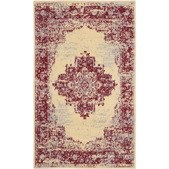 Cream Gray and Red Medallion Distressed Non Skid Area Rug Photo 2