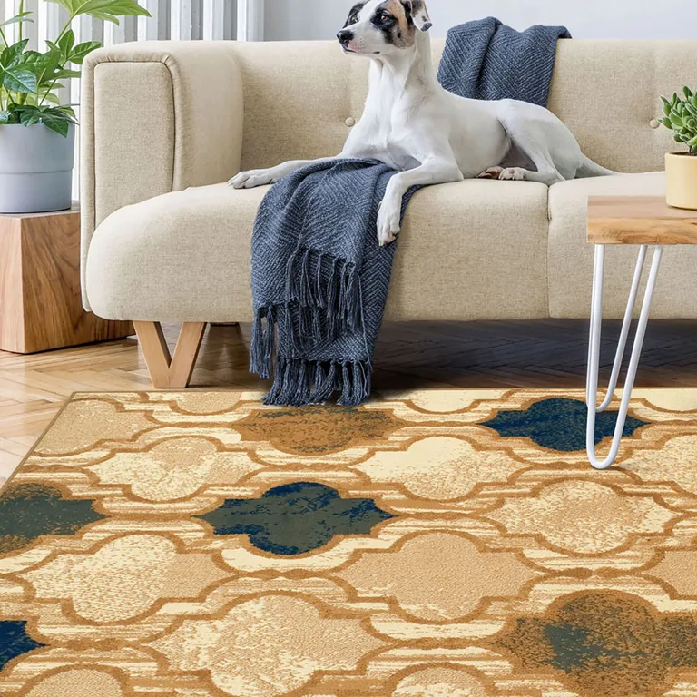 Cream Quatrefoil Power Loom Distressed Stain Resistant Area Rug Photo 3