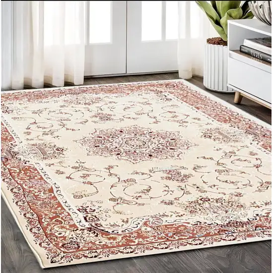 Orange and Ivory Oriental Power Loom Area Rug Photo 1