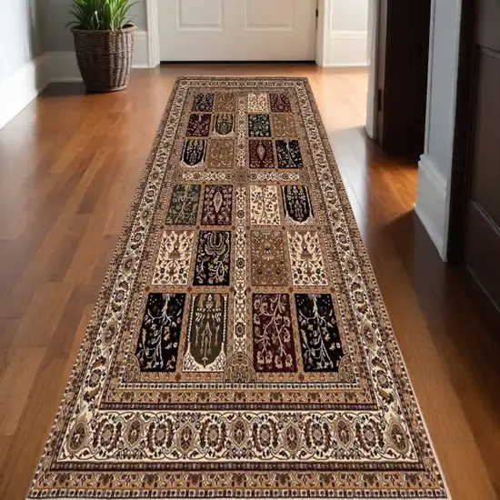 Beige and Black Oriental Power Loom Runner Rug Photo 1