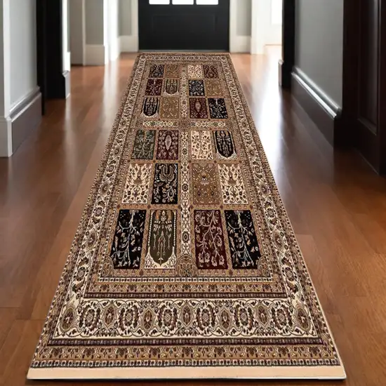 Beige and Black Oriental Power Loom Runner Rug Photo 1