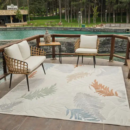 Cream and Beige Botanical Leaves Distressed Indoor Outdoor Area Rug Photo 9