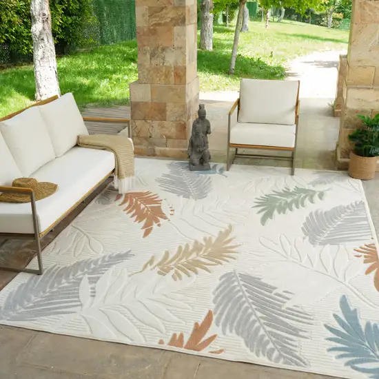 Cream and Beige Botanical Leaves Distressed Indoor Outdoor Area Rug Photo 8