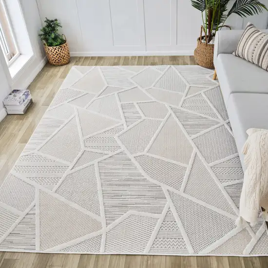 Cream and Beige Geometric Distressed Area Rug Photo 7