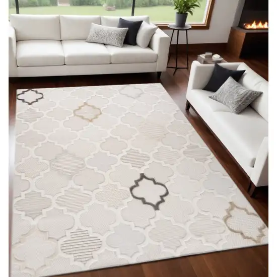 Cream and Beige Geometric Distressed Area Rug Photo 2