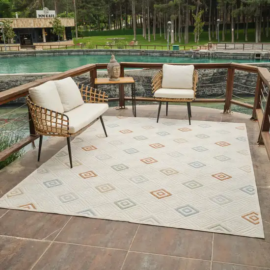 Cream and Beige Geometric Distressed Indoor Outdoor Area Rug Photo 8