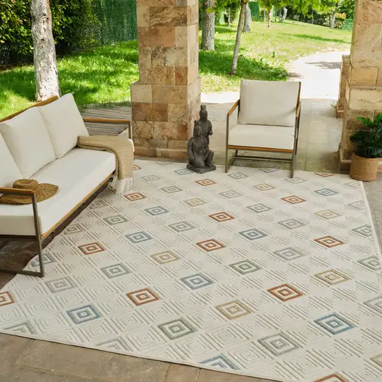 Cream and Beige Geometric Distressed Indoor Outdoor Area Rug Photo 7