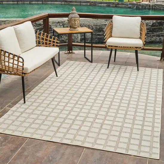 Cream and Beige Geometric Distressed Indoor Outdoor Area Rug Photo 9