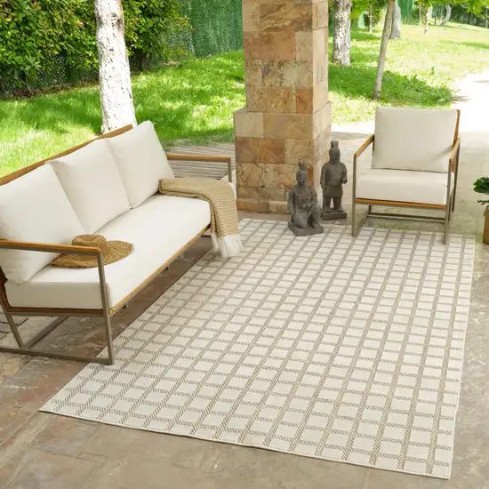 Cream and Beige Geometric Distressed Indoor Outdoor Area Rug Photo 9