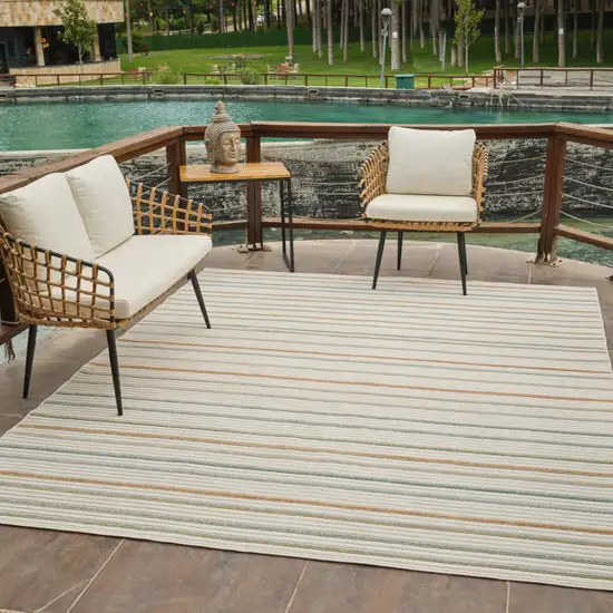 Cream and Beige Striped Distressed Indoor Outdoor Area Rug Photo 8