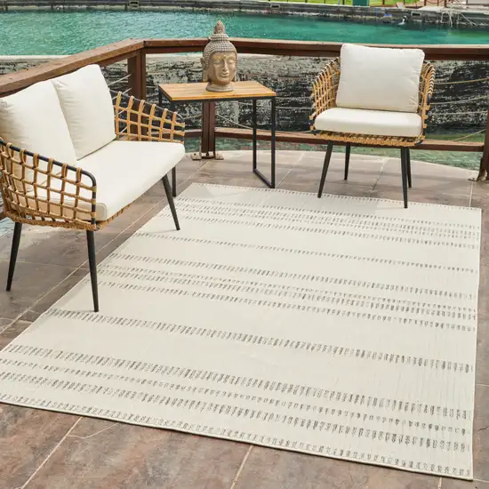 Cream and Beige Striped Distressed Indoor Outdoor Area Rug Photo 8