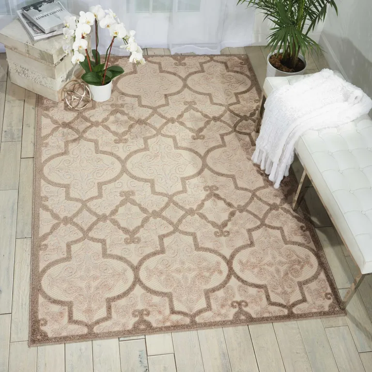 Cream and Beige Trellis Indoor Outdoor Area Rug Photo 4