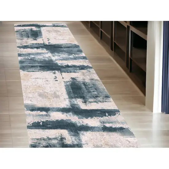 15' Blue And Ivory Abstract Dhurrie Runner Rug Photo 1