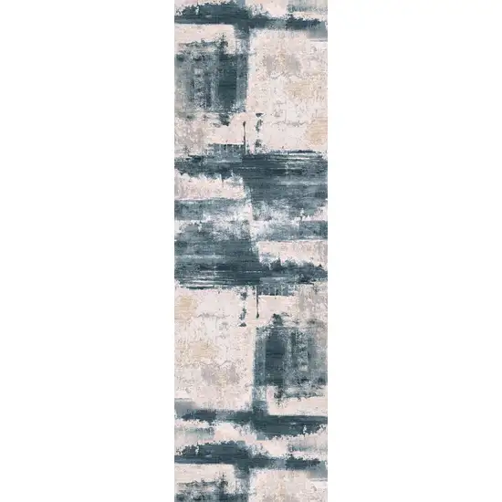 Cream and Blue Abstract Patches Runner Rug Photo 4