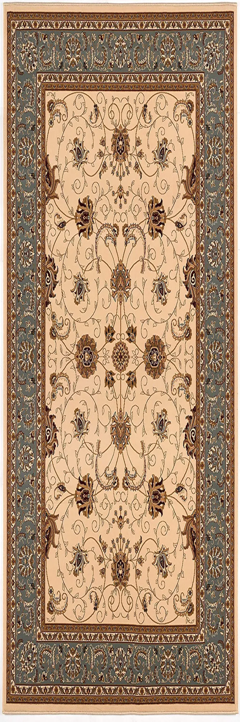 Cream and Blue Traditional Runner Rug Photo 2