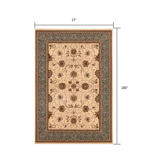 Cream and Blue Traditional Runner Rug Photo 2