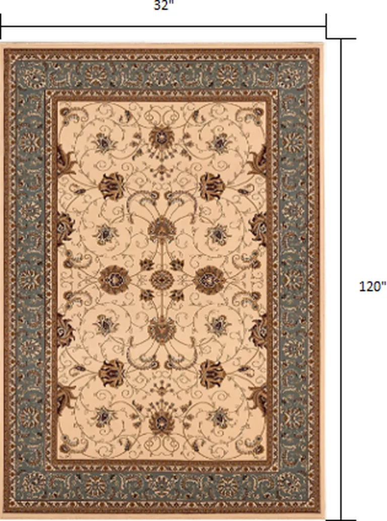 Cream and Blue Traditional Runner Rug Photo 2