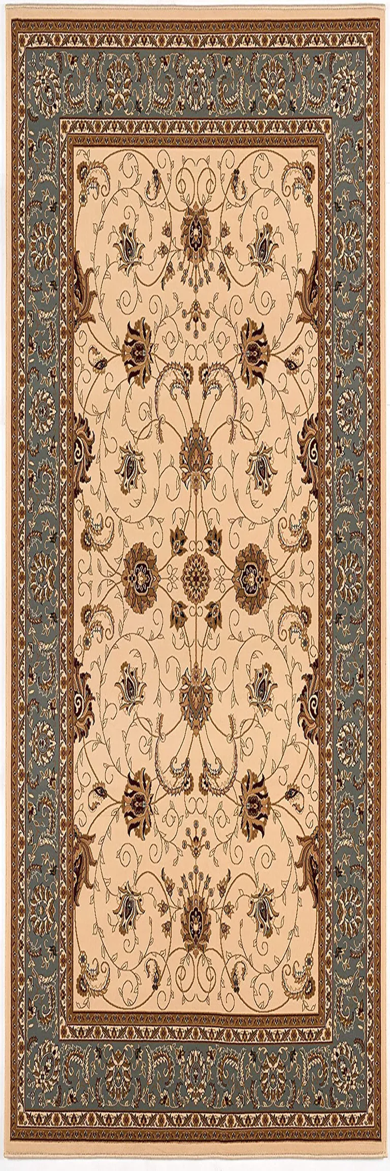 Cream and Blue Traditional Runner Rug Photo 3