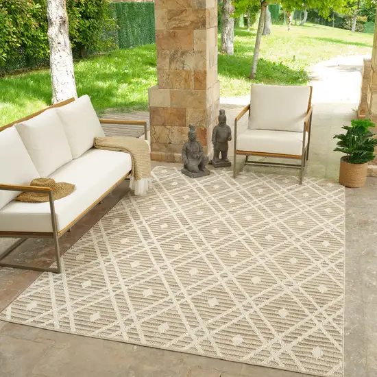 Cream and Brown Geometric Distressed Indoor Outdoor Area Rug Photo 6