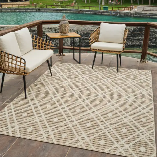 Cream and Brown Geometric Distressed Indoor Outdoor Area Rug Photo 7