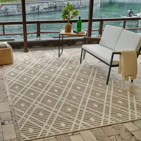 Cream and Brown Geometric Distressed Indoor Outdoor Area Rug Photo 8