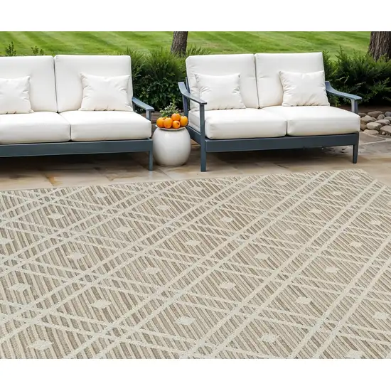 Cream and Brown Geometric Distressed Indoor Outdoor Area Rug Photo 2