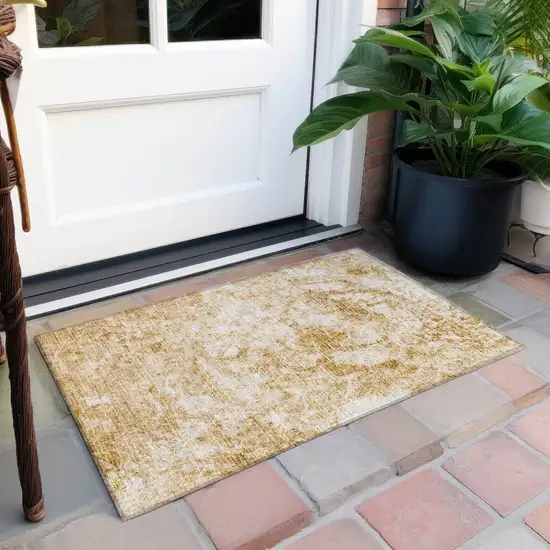 Cream and Gold Abstract Washable Non Skid Indoor Outdoor Area Rug Photo 8