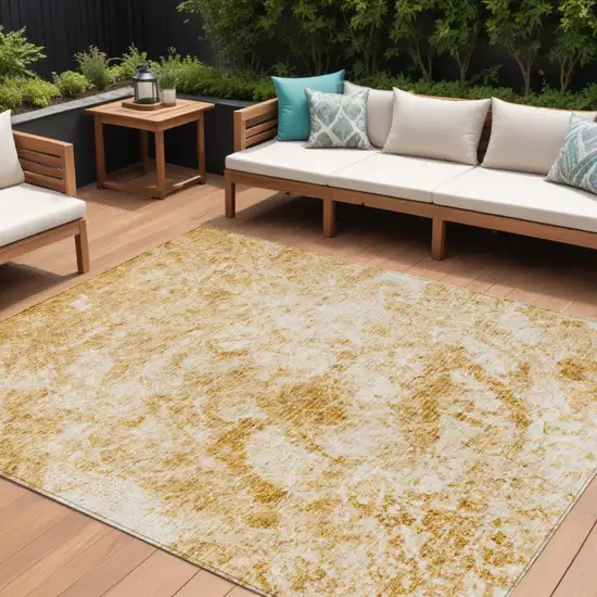 Beige and Gold Abstract Washable Non Skid Indoor Outdoor Area Rug Photo 1