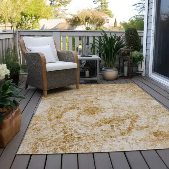 Cream and Gold Abstract Washable Non Skid Indoor Outdoor Area Rug Photo 9