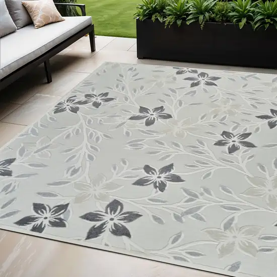 Cream and Gray Floral Distressed Indoor Outdoor Area Rug Photo 1