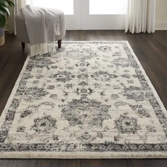 Cream and Gray Floral Medallion Distressed Area Rug Photo 5