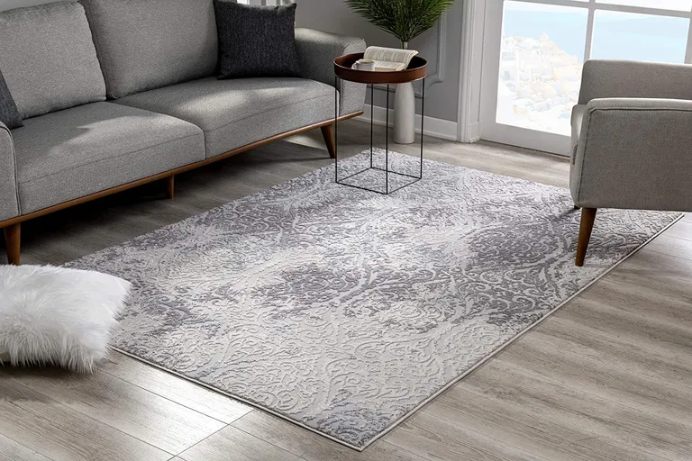 Cream and Gray Tinted Ogee Pattern Area Rug Photo 3