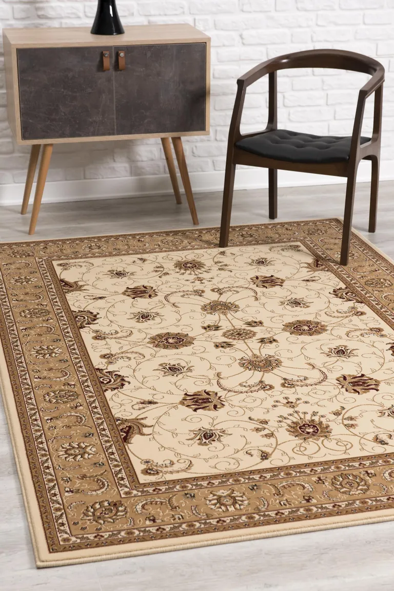 Cream and Tan Ornate Border Area Rug Photo 4