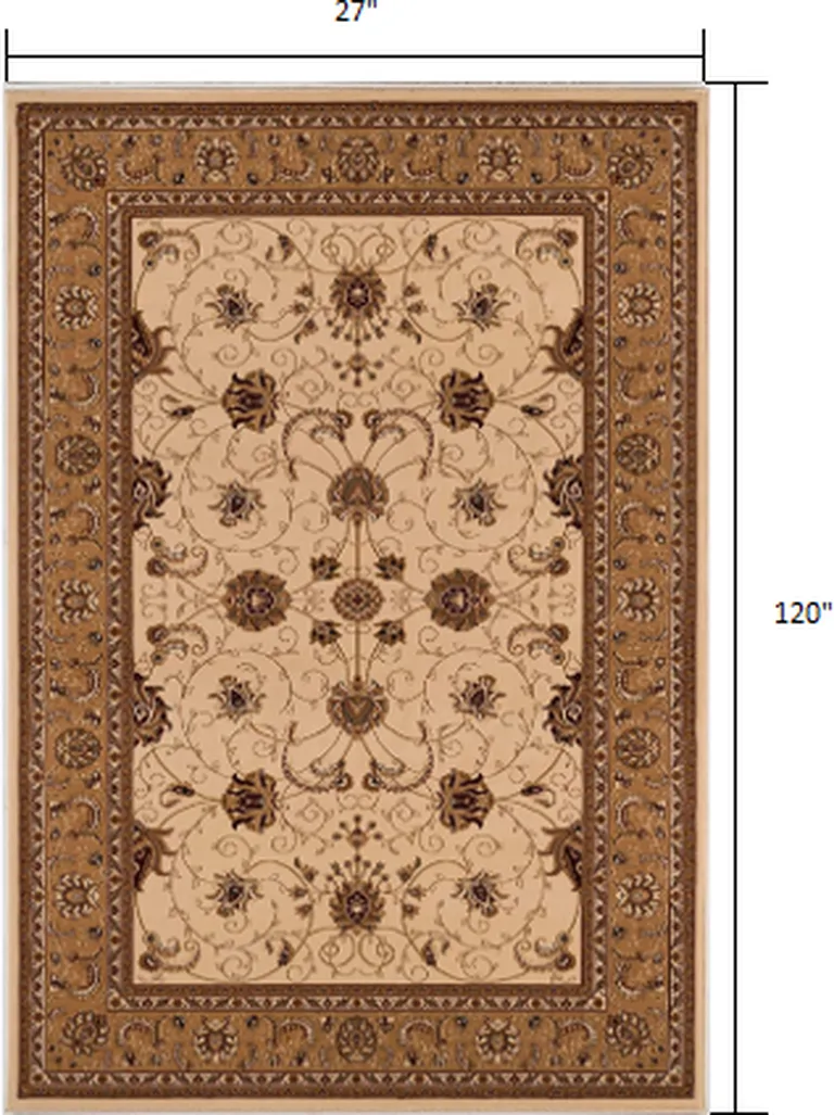 Cream and Tan Ornate Border Runner Rug Photo 1