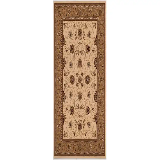 Cream and Tan Ornate Border Runner Rug Photo 6