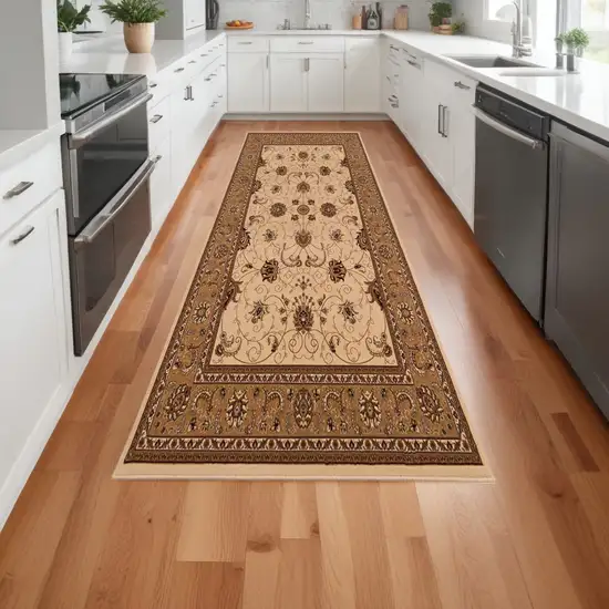 Beige and Ivory Oriental Power Loom Runner Rug Photo 1