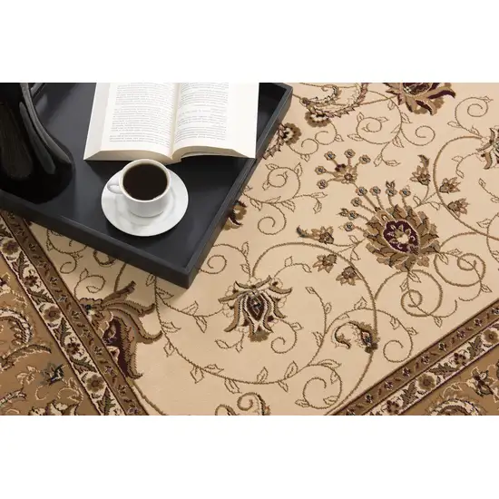 Cream and Tan Ornate Border Runner Rug Photo 2