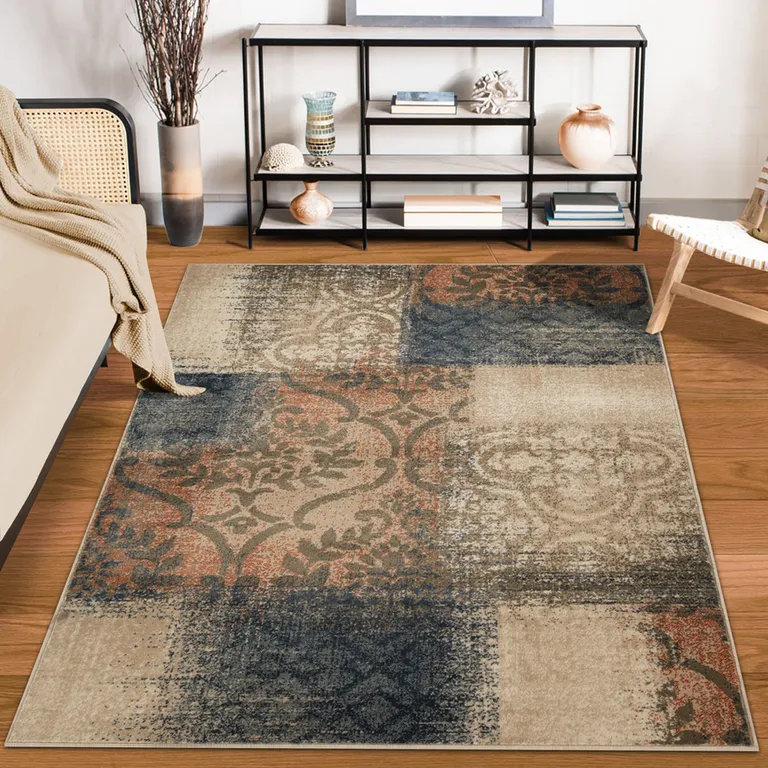 Damask Distressed Stain Resistant Area Rug Photo 2