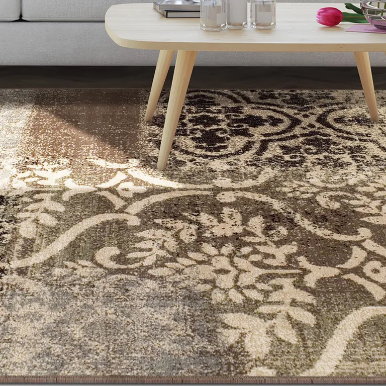 Damask Distressed Stain Resistant Area Rug Photo 5