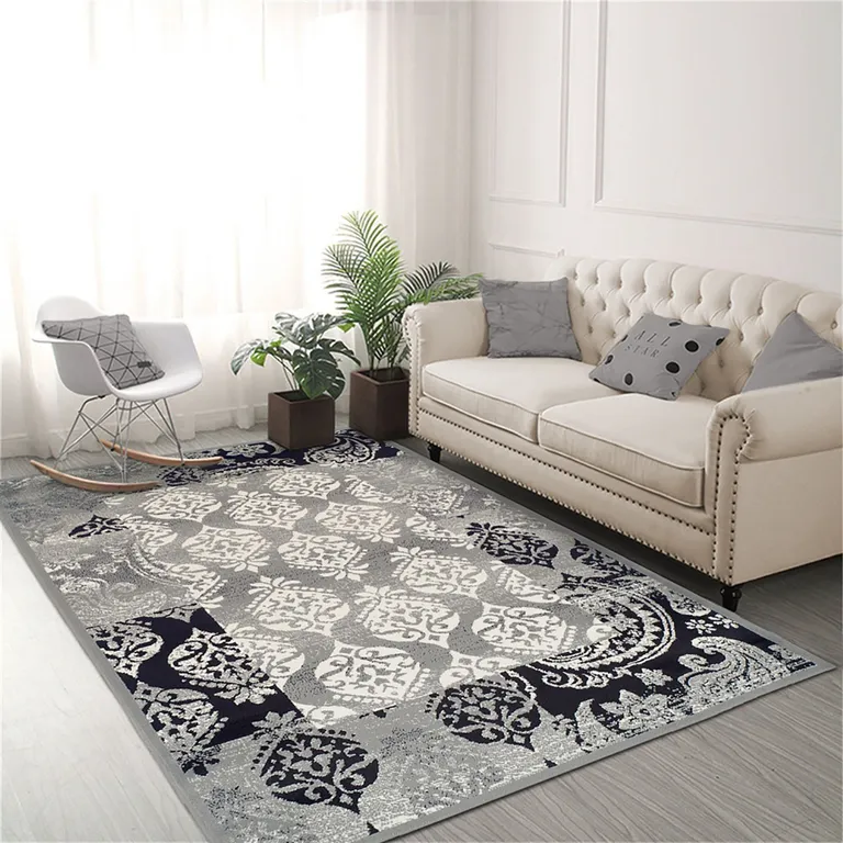 Damask Power Loom Distressed Stain Resistant Area Rug Photo 2