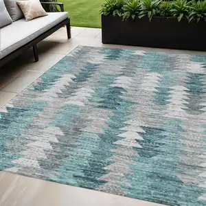 Photo of Dark Blue Aqua And Gray Geometric Washable Indoor Outdoor Area Rug