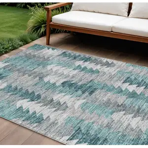 Photo of Dark Blue Aqua And Gray Geometric Washable Indoor Outdoor Area Rug