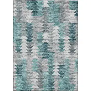 Photo of Dark Blue Aqua And Gray Geometric Washable Indoor Outdoor Area Rug