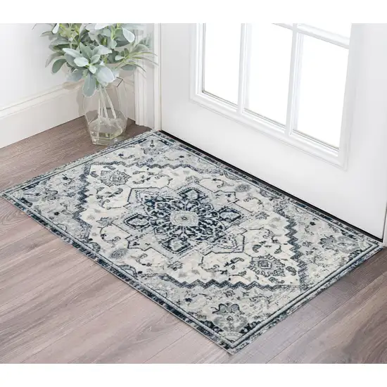 Navy and Ivory Medallion Power Loom Area Rug Photo 1