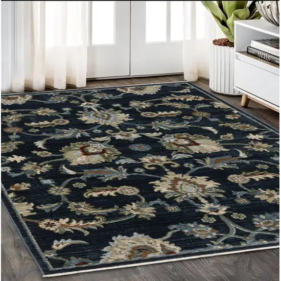 Dark Blue Tan And Green Oriental Area Rug With Fringe Photo 1