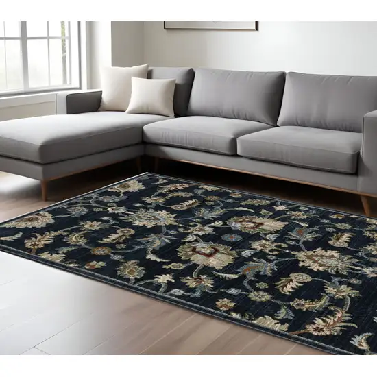 Dark Blue Tan And Green Oriental Area Rug With Fringe Photo 1