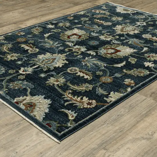 Dark Blue Tan And Green Oriental Area Rug With Fringe Photo 4