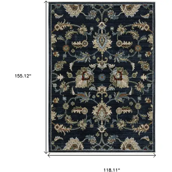 Dark Blue Tan And Green Oriental Area Rug With Fringe Photo 3