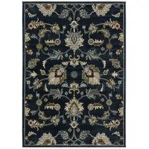 Photo of Dark Blue Tan And Green Oriental Area Rug With Fringe